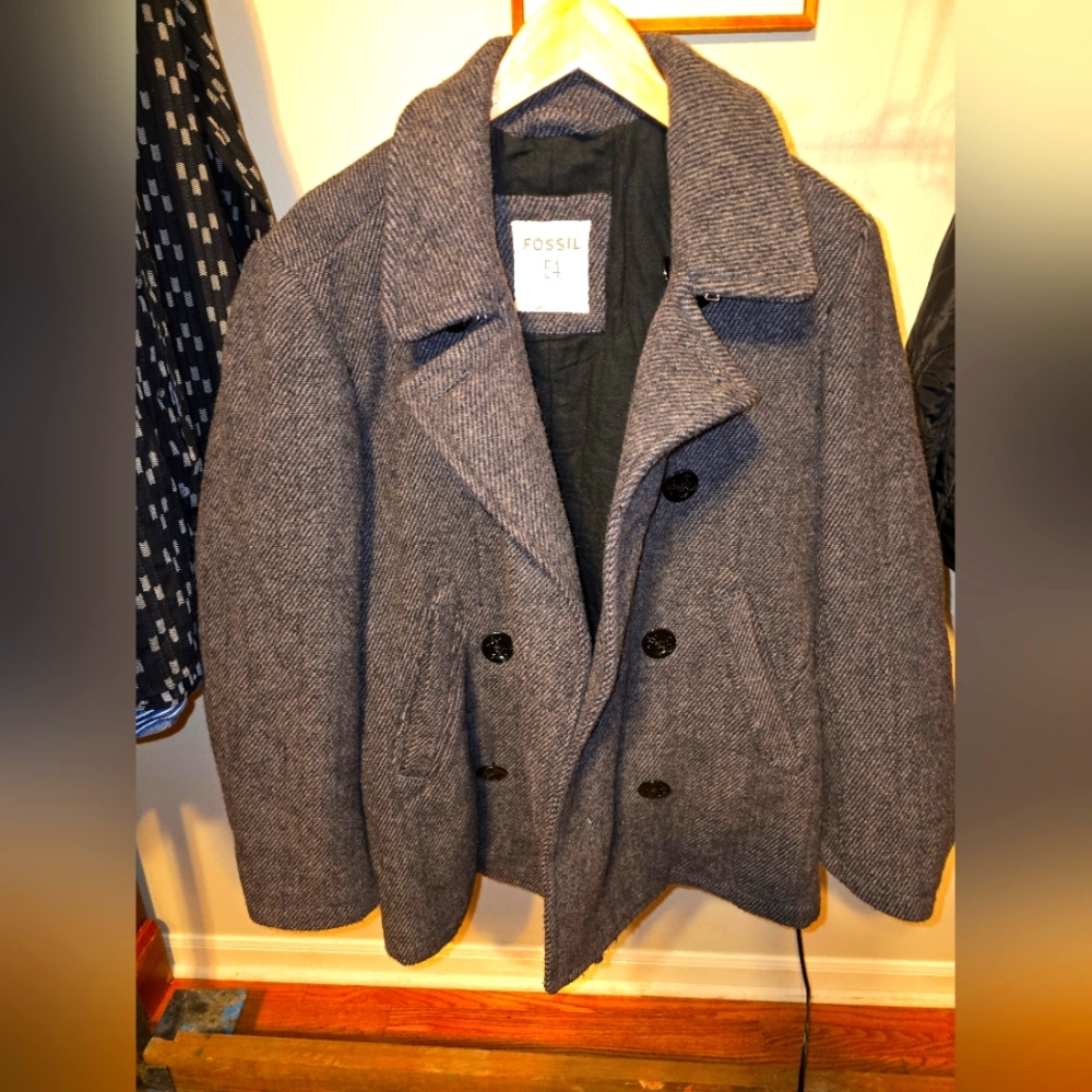 Fossil 54 Mens Wool Pea Coat Charcoal Grey Double Breasted Jacket Large